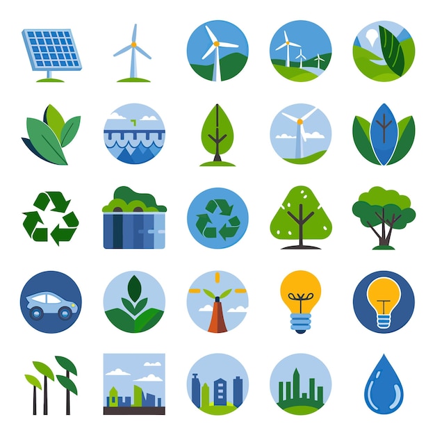 2d vector illustration colorful collection icons for clean energy renewable energy solar energy