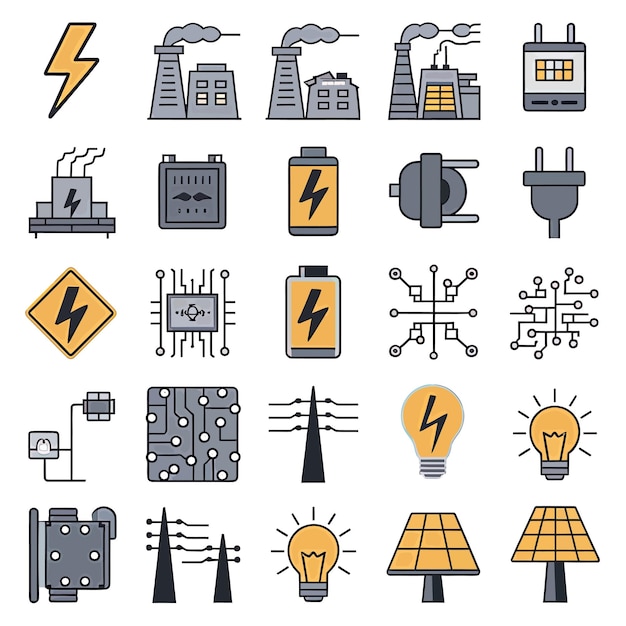 2d vector illustration colorful collection icons for electricity and energy batteries power plugs