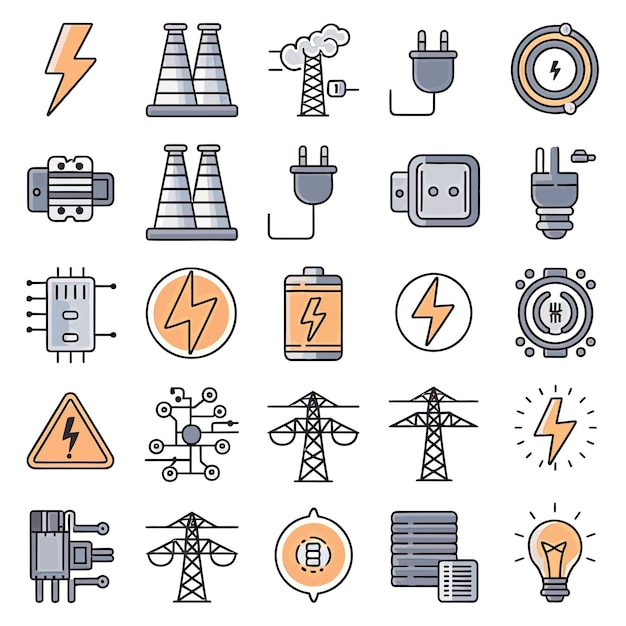 2d vector illustration colorful collection icons for electricity and energy batteries power plugs