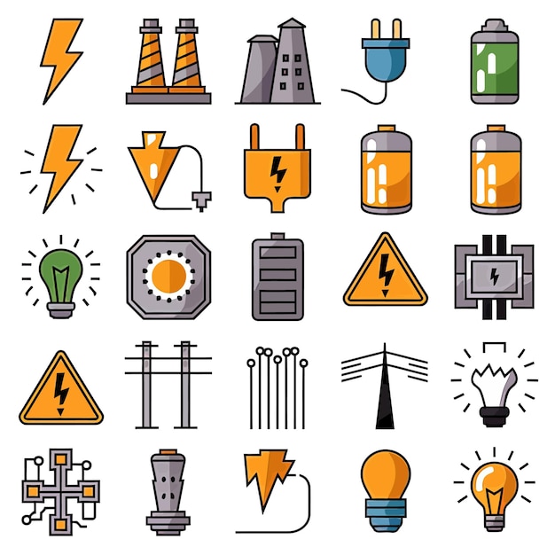 Vector 2d vector illustration colorful collection icons for electricity and energy batteries power plugs