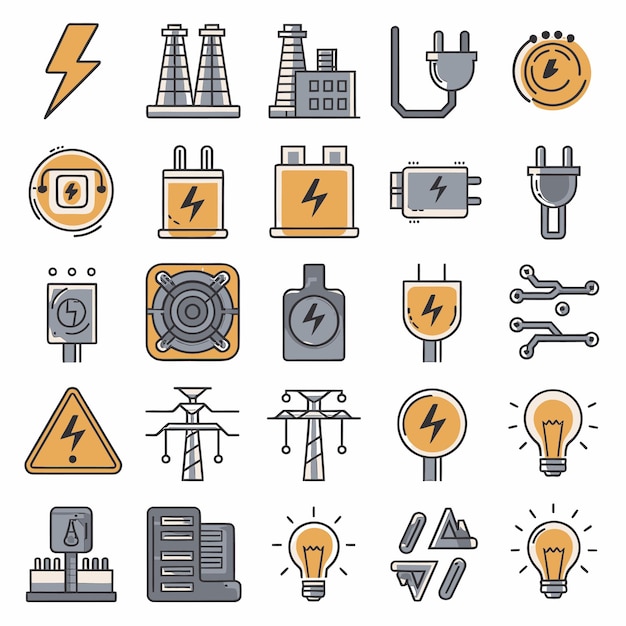 2d vector illustration colorful collection icons for electricity and energy batteries power plugs