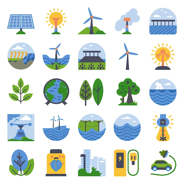 2d vector illustration colorful collection icons for electricity and energy batteries power plugs