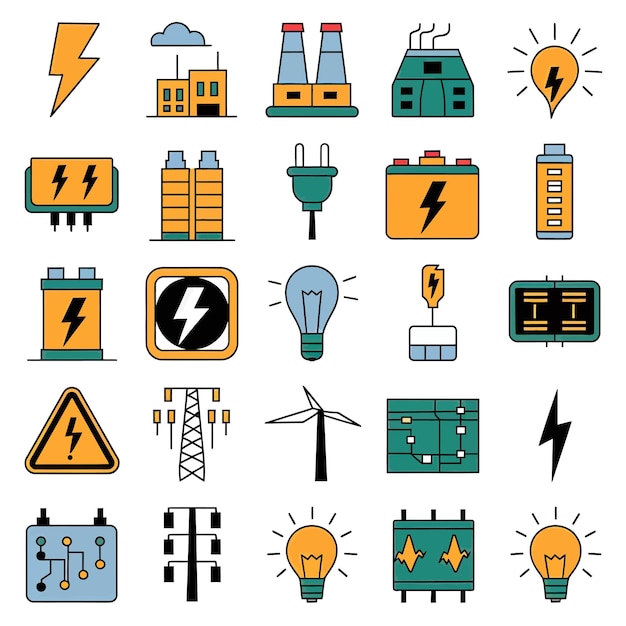 2d vector illustration colorful collection icons for electricity and energy batteries power plugs