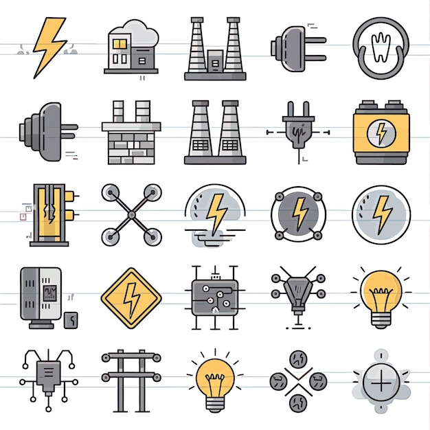 Vector 2d vector illustration colorful collection icons for electricity and energy batteries power plugs