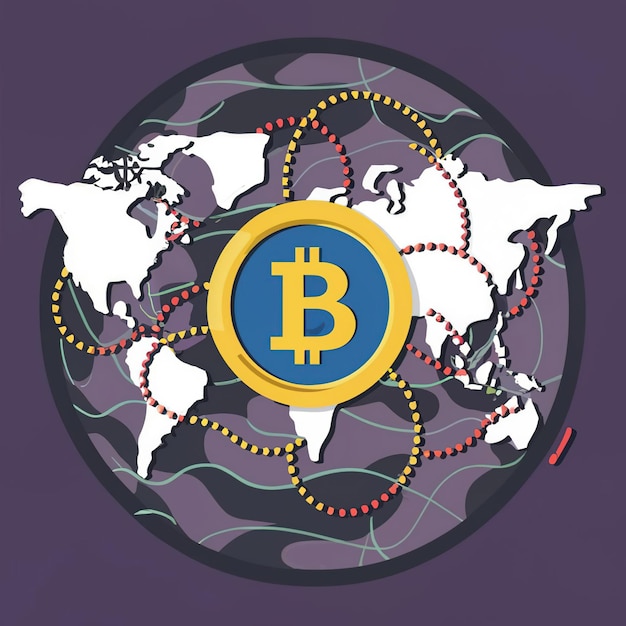 2d vector illustration colorful trading over the world map money bitcoin crypto