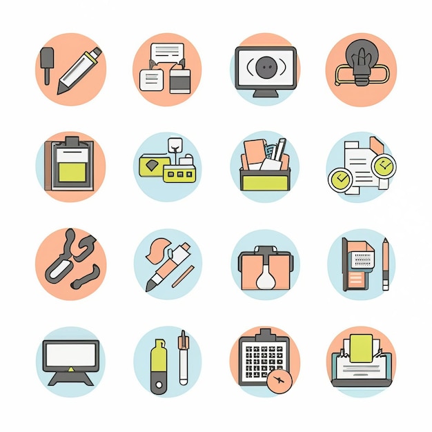 2D vector illustration featuring twenty essential office work tools equipment