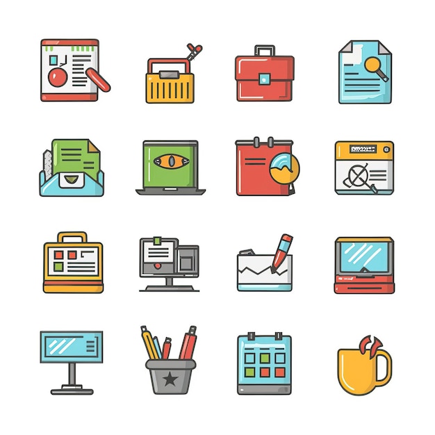 2D vector illustration featuring twenty essential office work tools equipment