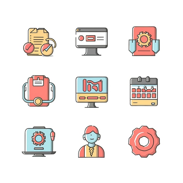 2D vector illustration featuring twenty essential office work tools equipment