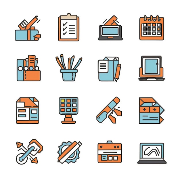 2D vector illustration featuring twenty essential office work tools