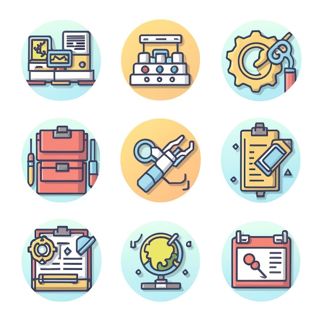 2D vector illustration featuring twenty essential office work tools