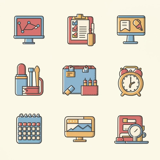 2D vector illustration featuring twenty essential office work tools