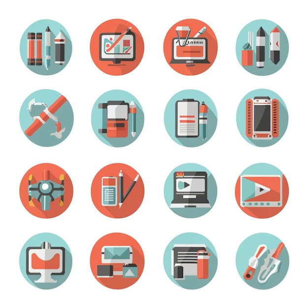 2D vector illustration featuring twenty essential office work tools