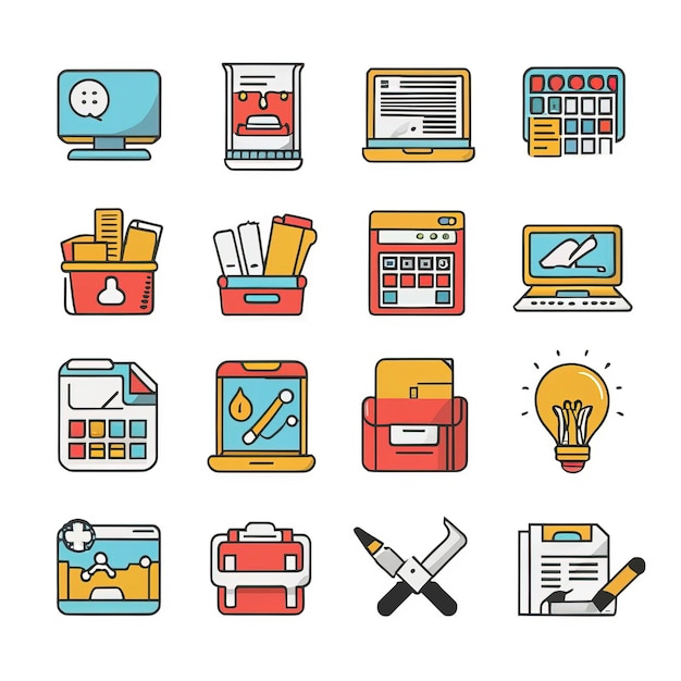 2D vector illustration featuring twenty essential office work tools