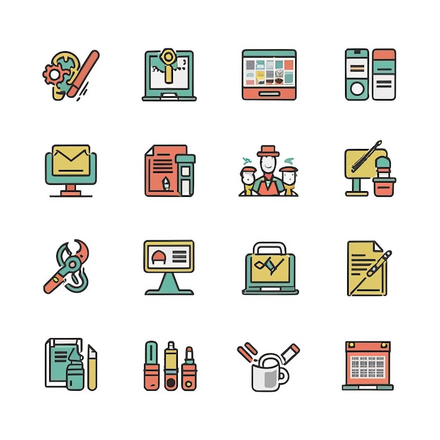 2D vector illustration featuring twenty essential office work tools