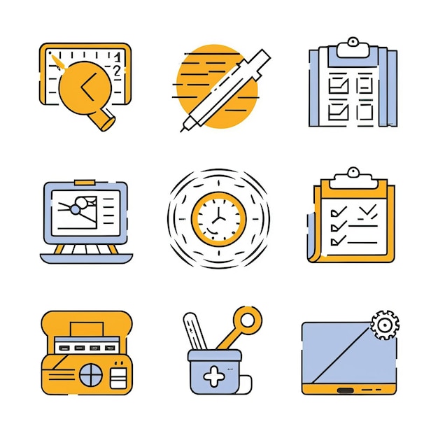 2D vector illustration featuring twenty essential office work tools