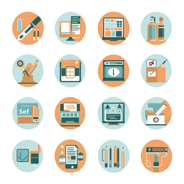 2D vector illustration featuring twenty essential office work tools