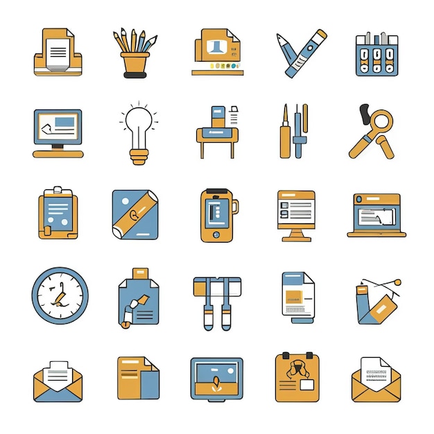 2D vector illustration featuring twenty essential office work tools