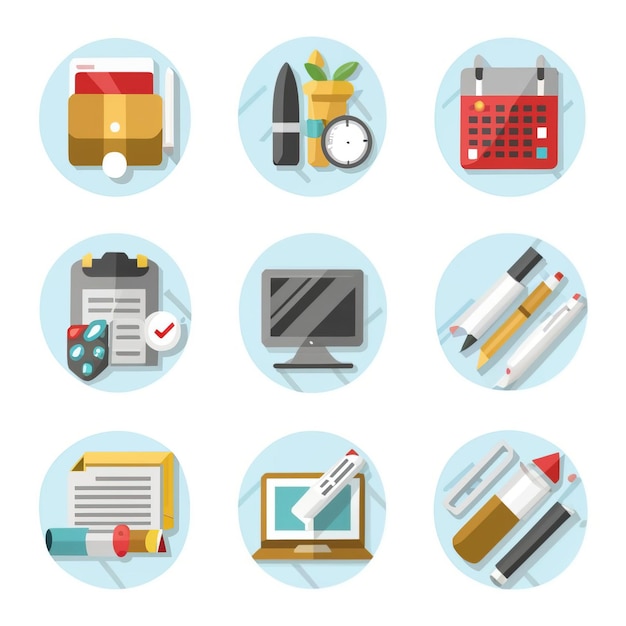 2D vector illustration featuring twenty essential office work tools