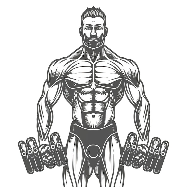 Vector 2d vector strong muscle pose strong body builder anatomy hairy at gym with bundle doing exercises