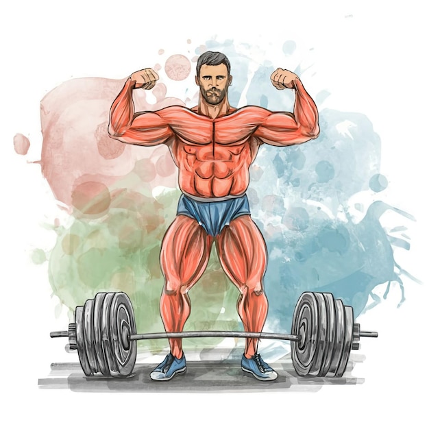 2d vector strong muscle pose strong body builder anatomy hairy at gym with bundle Doing exercises