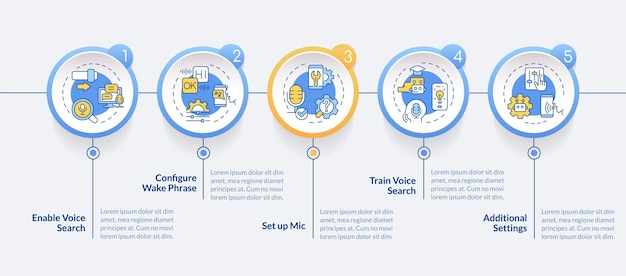 2D voice assistant vector infographics template with multicolor icons data visualization with 5 steps process timeline chart