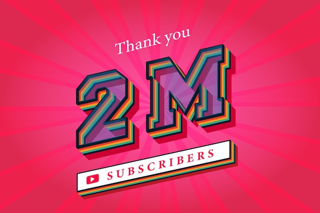 2m subscribers celebration thank you social media banner 2 million subscribers 3d rendering