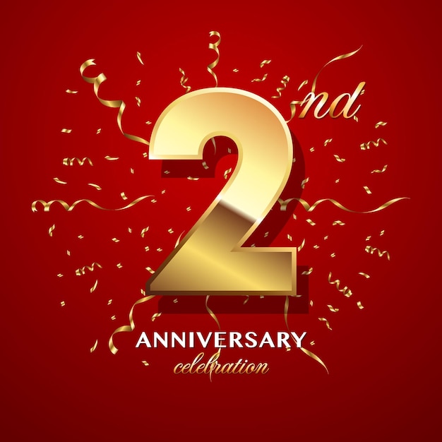 2nd Anniversary Celebration Logo design with golden number and ribbon Logo Vector Template