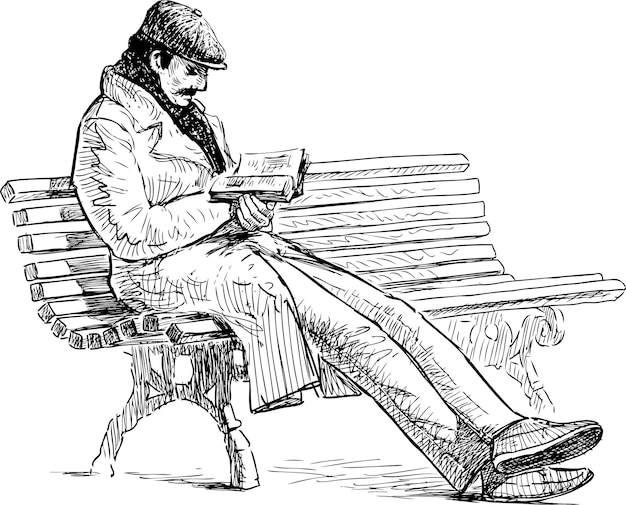 2Sketch of man with mustache sitting on park bench and reading book75