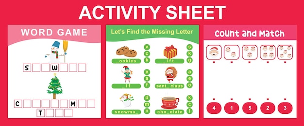 3 in 1 Activity Sheet for children. Complete the words, missing letter, count and match activity.