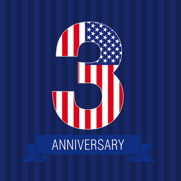 3 anniversary US flag logo. Celebrating icon template. Sport 3rd place as American flag. USA number.