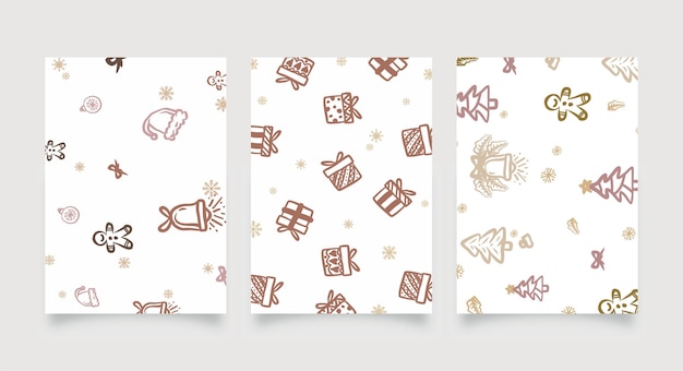 3 Christmas Background Pattern hand drawn cute icon card template in doodle