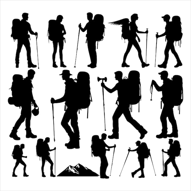 3 Male and female hiker set hiker set vector 3 Male and female silhouette hiker set