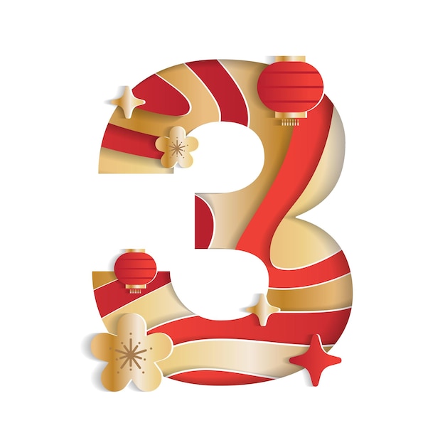 3 Numeric Number Chinese New Year  Font Letter Flower Lantern Gold Red 3D Paper Layer Cutout Card