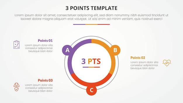 3 points stage template infographic concept for slide presentation with big circle piechart outline with 3 point list with flat style