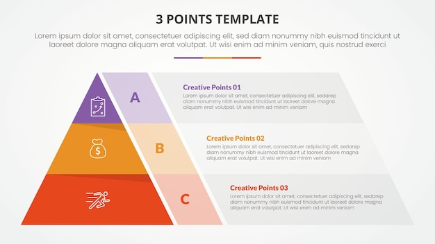 3 points stage template infographic concept for slide presentation with pyramid shape and transparent container box with 3 point list with flat style