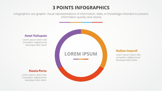 3 points or stages infographic concept with big circle center for slide presentation