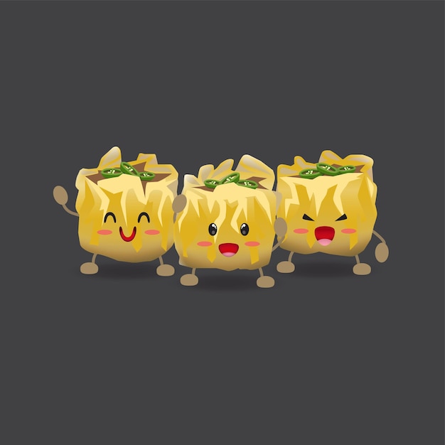 3 siomay dimsum characters topping sliced green chilies with various expressions