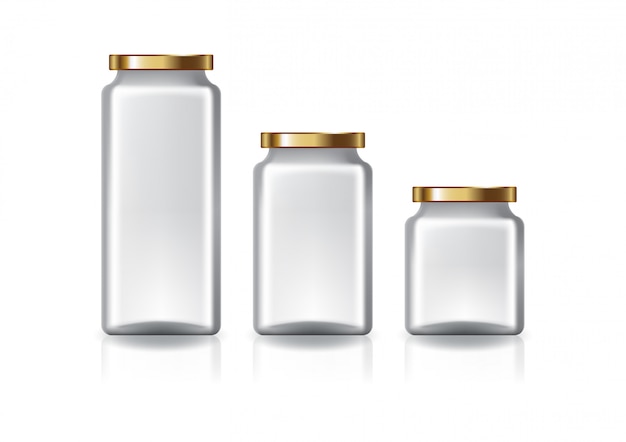 3 sizes of blank clear square jar with gold flat lid for supplements or food product.