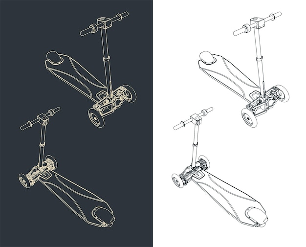 3 wheel electric scooter isometric drawings