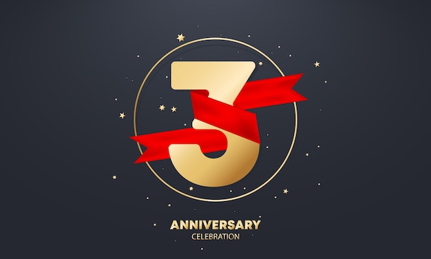 3 year anniversary banner with red ribbon on white. Three years celebration. Poster or brochure template. Vector EPS 10. Isolated on background.