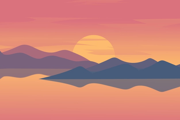 30. flat landscape the beautiful mountains of the lake the sunset is orange and blue