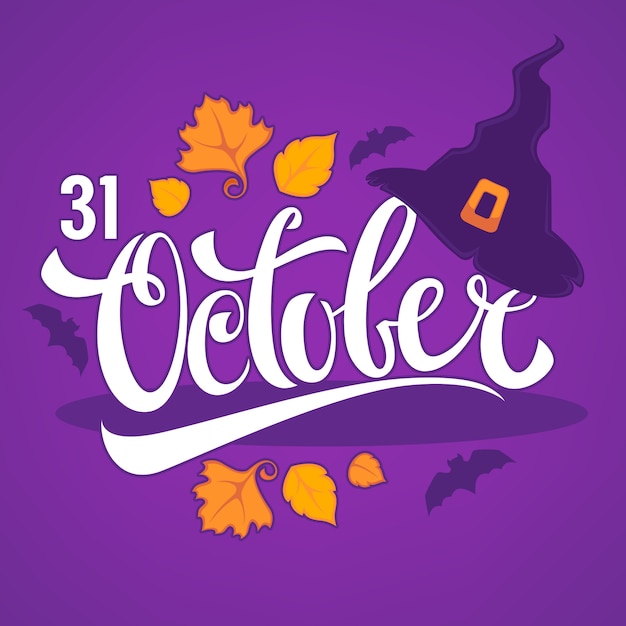 31 October, Halloween greeting card with witch hat autumn leaves and lettering composition