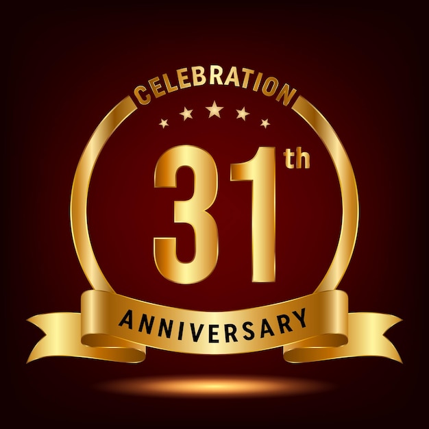 31th Anniversary Celebration logo design with ring and gold ribbon Logo Vector Template