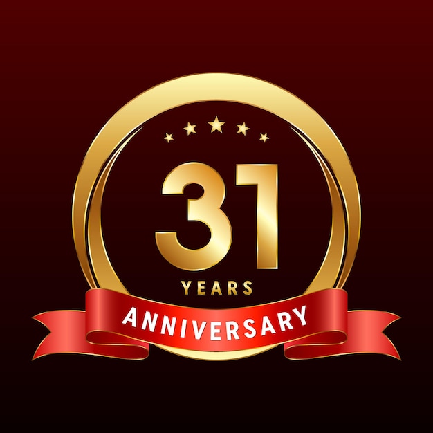 31th Anniversary logo design with golden ring and red ribbon Logo Vector Template Illustration