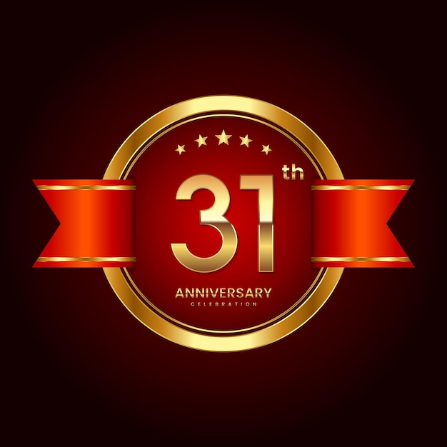 31th Anniversary logo with badge style Anniversary logo with gold color and red ribbon Logo Vector