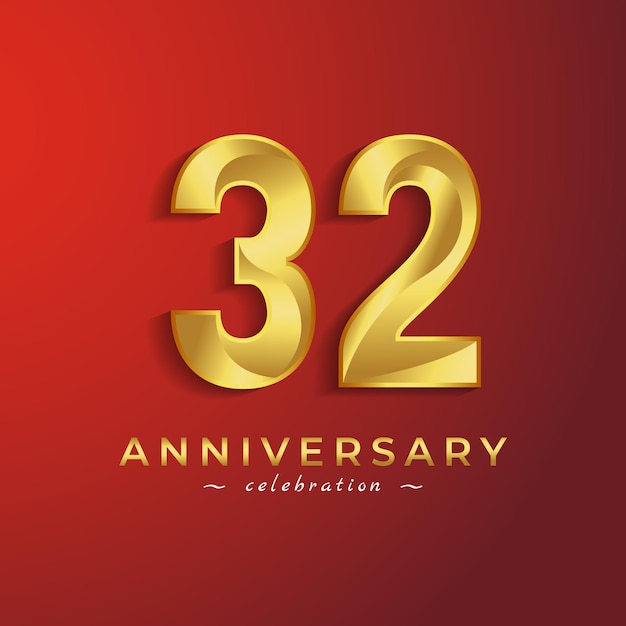 32 Year Anniversary Celebration with Golden Shiny Color for Celebration Isolated on Red Background