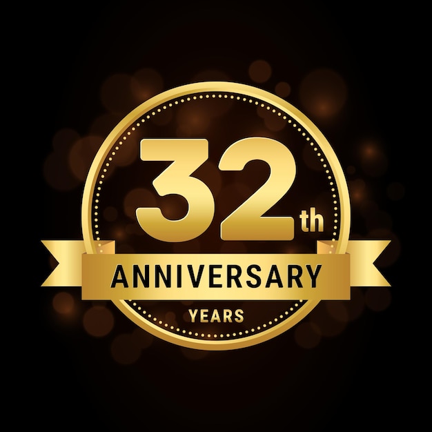 32th anniversary anniversary celebration template design with gold ribbon Logo vector illustration