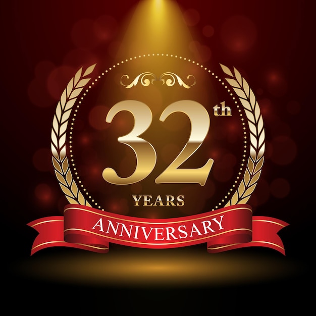 32th anniversary logo design with Laurel wreath and red ribbon Logo Vector Template