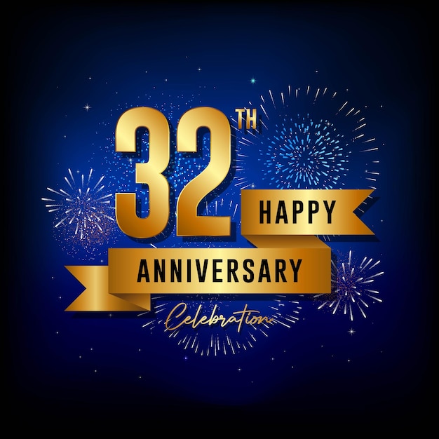 32th Anniversary template design with golden ribbon Vector template illustration