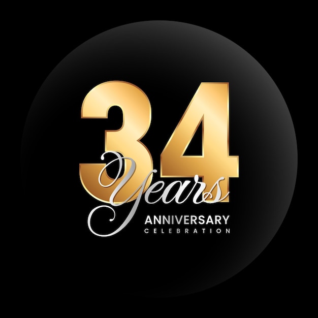 34th Anniversary logo Golden number with silver color text Logo Vector Template Illustration